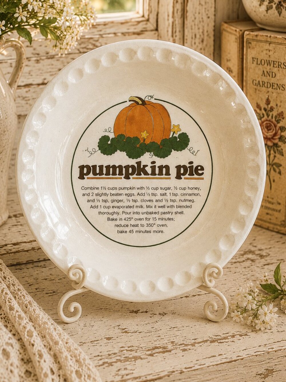 Vintage Pottery Embossed Rim Pumpkin Pie Plate With a Printed Pie Recipe